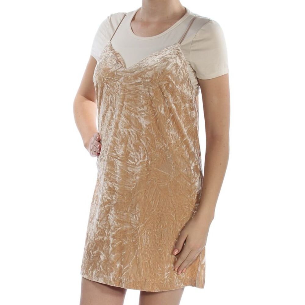 KENSIE Womens Beige Short Sleeve Scoop Neck Mini Shift Dress Size: M